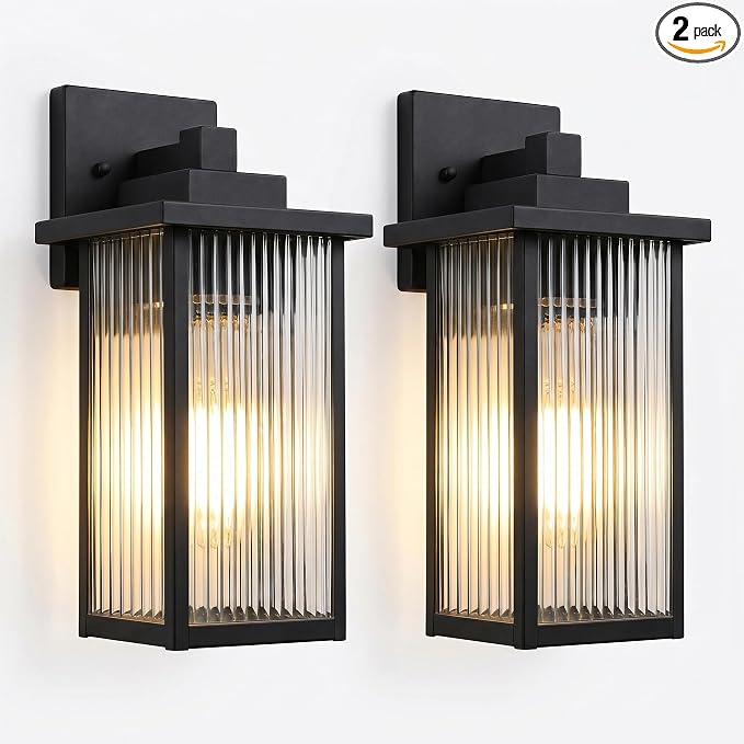 2-Pack 15-Inch Matte Black Outdoor Wall Light, All-Metal Frame | Textured Glass Softens Glare, Stays Bright. Waterproof Rust-Resistant Metal. Pre-Assembled DIY Install on Porch, Garage