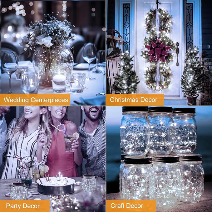 btfarm 24 Pack Fairy Lights Battery Operated Twinkle Lights with 3 Modes | 7Ft 20 Led String Light, Waterproof Bulk Small Mini Silver Wire for Christmas Mason Jars Wedding Table Centerpiece,Cool White