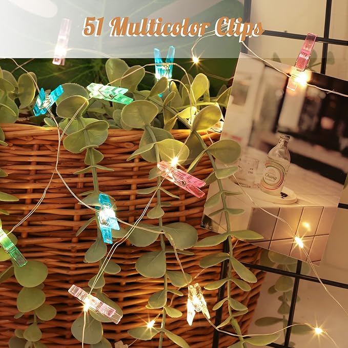 Photo Clips String Light,Fairy Lights with 51 Clear Clips, Battery Operated String Lights with Clips for Pictures, Room Decorations for Dorm Wall Bedroom (Multi-Color)