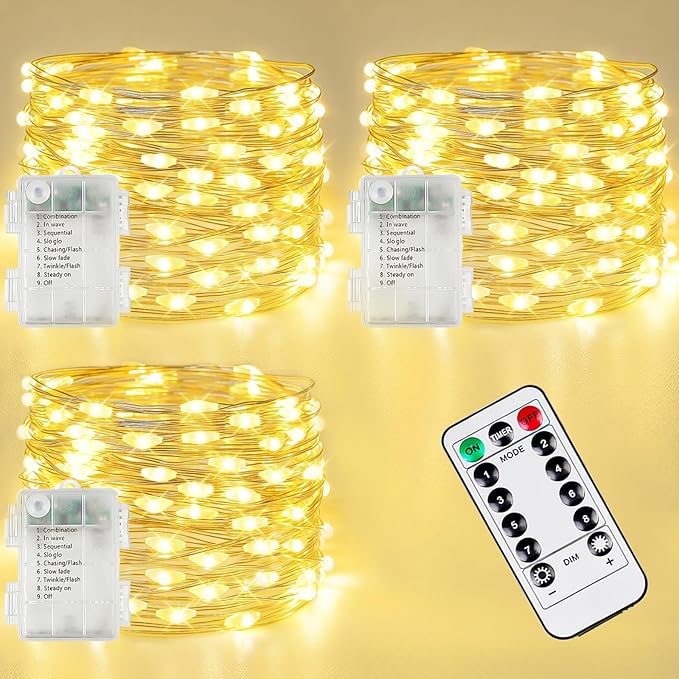 3 Pack Fairy Lights Battery Operated with Remote 120 LED 40 FT Warm White | Twinkle String Lights with 8 Modes Timer and IP44 Waterproof for Indoor Outdoor Xmas Tree Girl's Room Patio Railing Decor