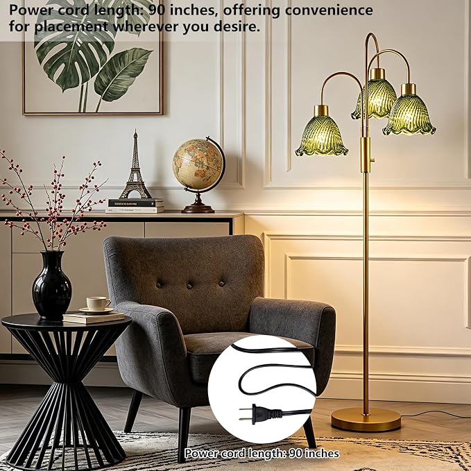 Lightdot 3-Light Glass Floor Lamp for Living Room, 70" Gold Dimmable Standing Tall Lamp with Green Ribbed Glass Shades &3PCS 3000K Warm White Bulbs, Modern Tree Pole Lamp for Bedroom Home Decor