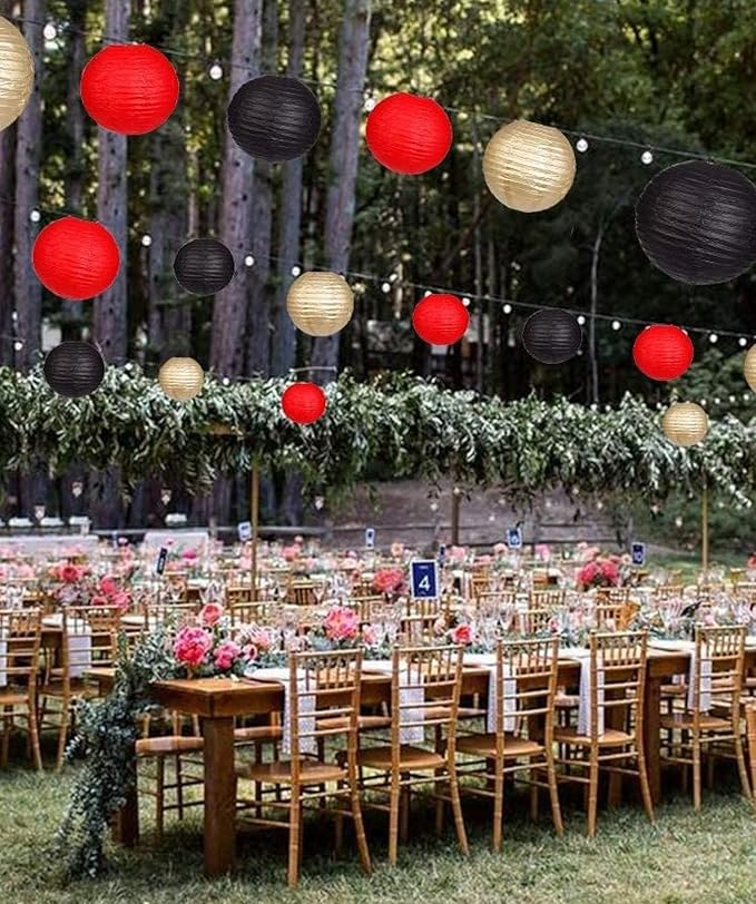 12pcs Black Paper Lanterns with 12pcs White LED Lights, 6" 8" 10" 12" Round Hanging Chinese/Japanese Ball Lantern for Wedding Anniversary Birthday Party Decorations