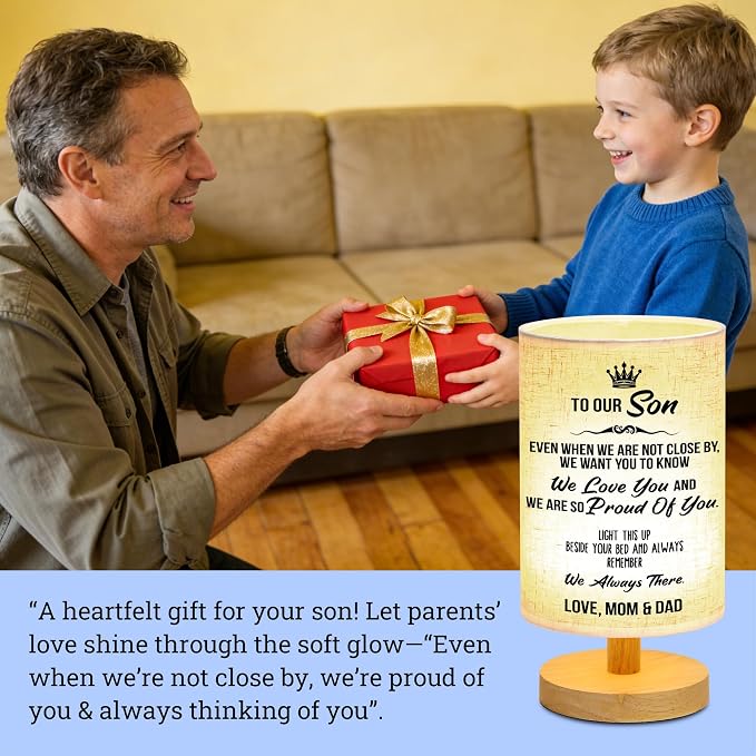 WSYEAR Gifts for Son from Mom Dad- Fabric Wooden Desk Lamp for Reading Bedroom Living Room for Son Adult Graduation Season Gifts, Birthday Gifts, Back to School Gifts