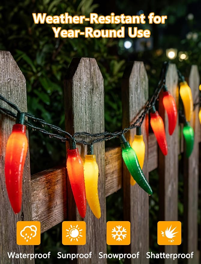 35 LED Chili Pepper Christmas Lights, 13.6Ft Camping String Lights | Multicolor, Plug in, Shatterproof, Connectable, Indoor Fairy Lights for Cook Off, Outdoor Patio Summer Decor, Green Wire