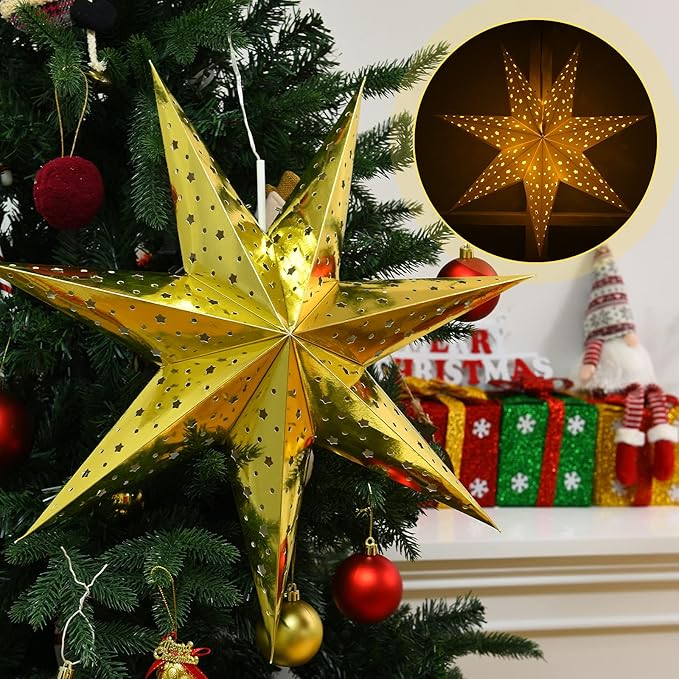 Mudder 19.7 Inch Christmas Star Paper Lantern 7 Pointed Christmas Window Lantern with 10 LED Light Strings Hanging Pendant Xmas Tree Ornaments for Holiday Decor Home(Trendy,Gold)
