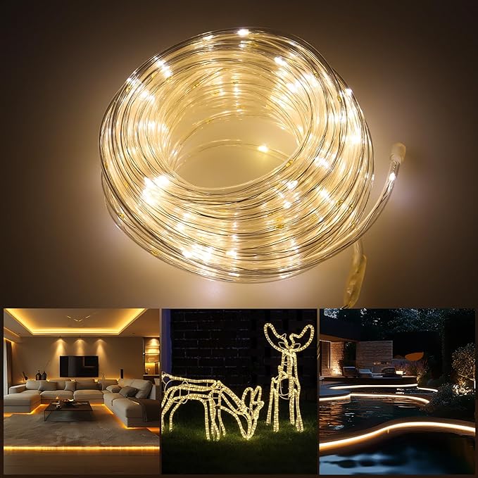 2x50ft LED Rope Light with Remote 8 Modes Strip Lights with Timer & Memory 5.5mm Large Diameter Twinkle Lights for Wedding Garden Christmas Halloween Bedroom Patio Decorations (Warm White)