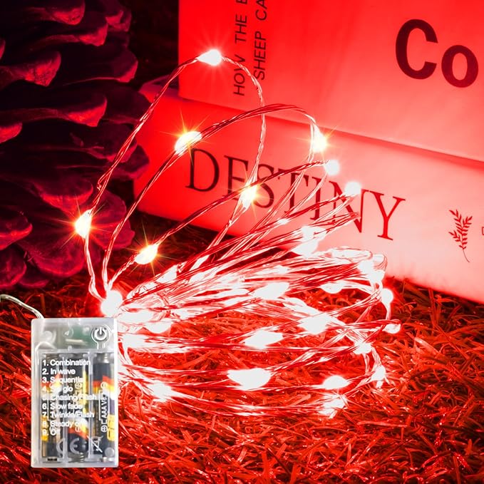 Red Fairy Lights Battery Operated (Included), 8 Modes & Auto Timer, 16FT 50Led Mini Twinkle Silver Wire Firefly Starry Lights, Waterproof Battery Operated Lights for Mason Jars Party Bedroom
