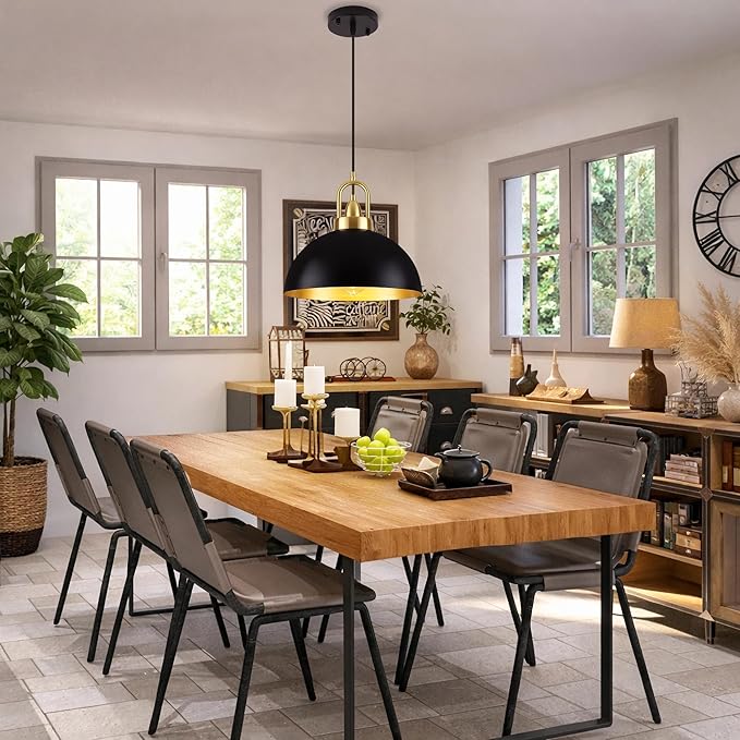16'' Large Black Pendant Light for Kitchen Island Lighting, Modern Farmhouse Industrial Dome Hanging Ceiling Pendant Lighting Fixture for Dining Room, Bar, Living Room