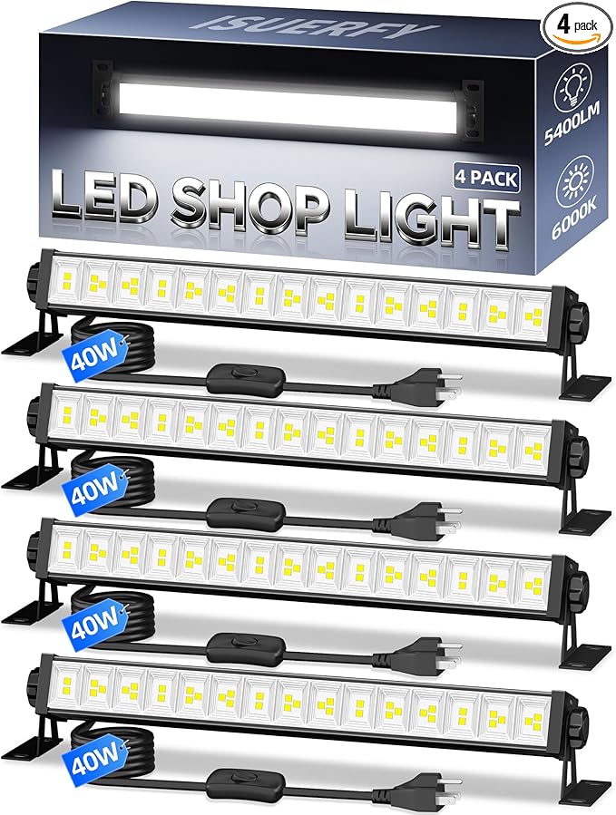 40W LED Shop Light 5400LM Brighter, Plug in Garage Light with On/Off Switch & 6.6FT Cord, 6000K Daylight White Workshop Bay Lighting for Garage Workbench Warehouse Factory Basement, 4 Pack