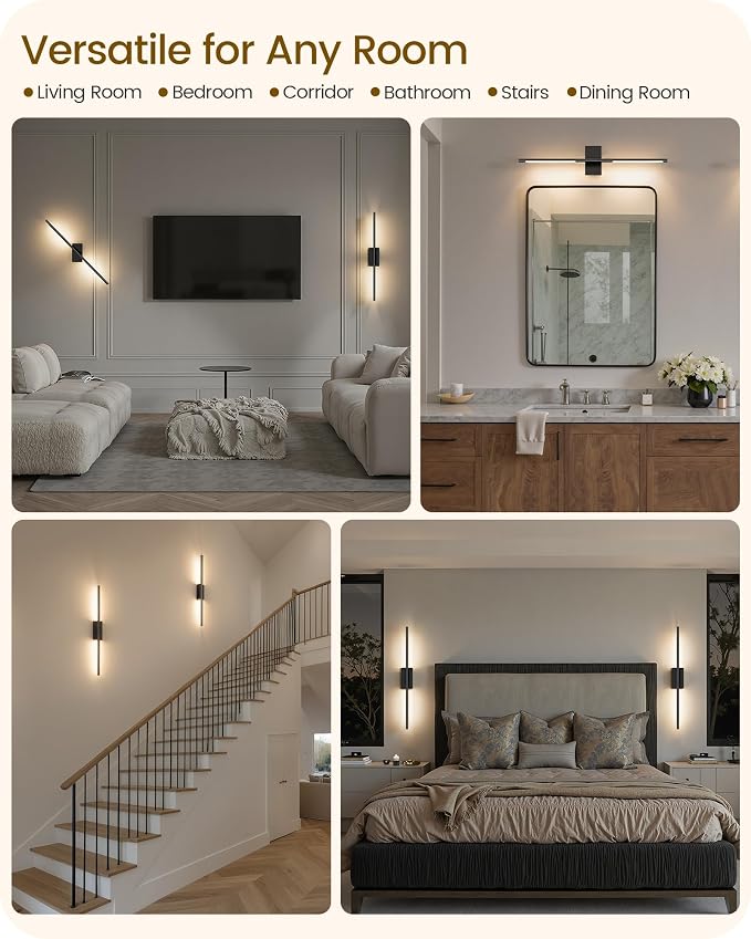 27.6" Wireless Wall Sconces Battery Operated Set of 2, Rechargeable Lamps with Remote, 360° Rotation, 10000mAh, Touch Dimmable Lights for Bedroom, Living Room, Hallway, Black B06YBP205
