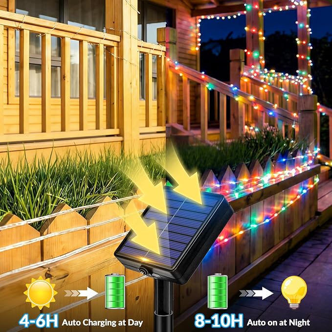 Solar Rope Lights, 2 Pack 33FT 100 LED Solar Fairy Lights with 8 Lighting Modes, IP65 Waterproof Trampoline Lights Outdoor for Yard Patio Deck Fence Tree Party Holiday Decoration, Multicolor