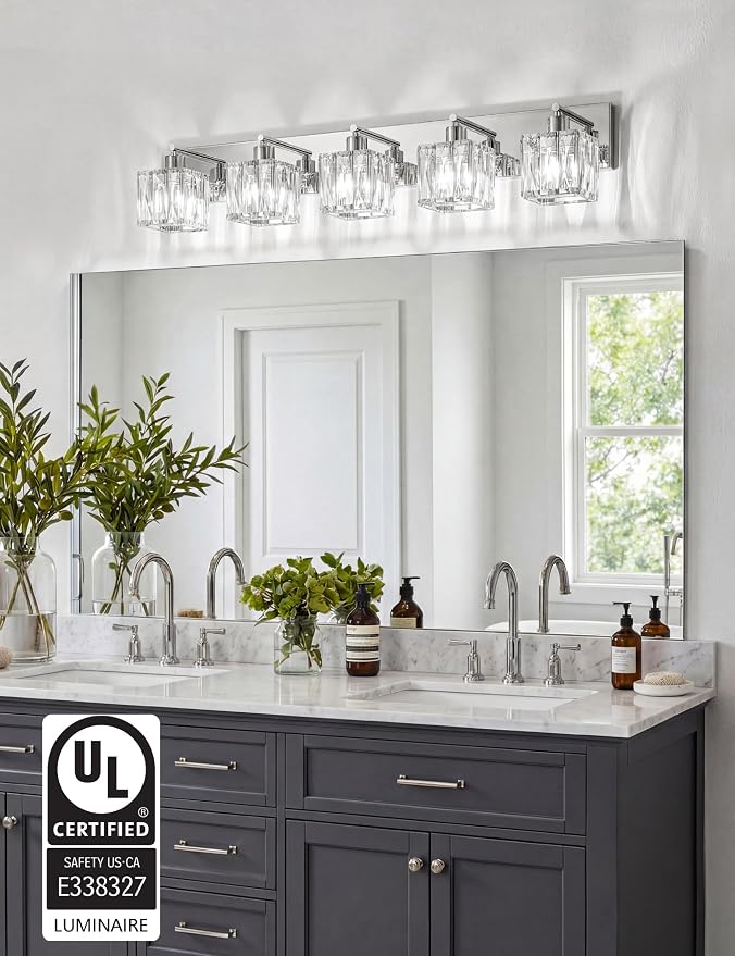 VOLISUN Chrome Bathroom Light Fixtures, Modern Stainless Steel Bathroom Lighting Fixtures Over Mirror, 5 Light Bathrooms Vanity Light, Crystal Vanity Light for Bathrooms-UL Certificated(Exclude Bulb)