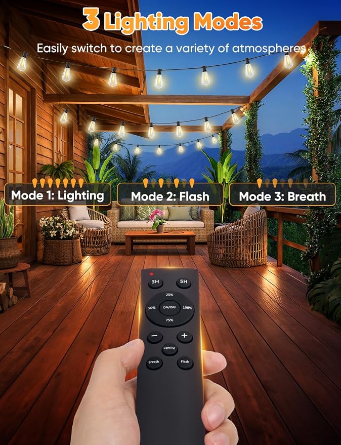 50FT Outdoor String Lights with Remote, LED String Lights for Outside with 16 Shatterproof ST38 Vintage Edison Bulbs, 3 Modes 2 Timer Dimmable Outside Lighting for Patio, Gazebo, Deck, Yard