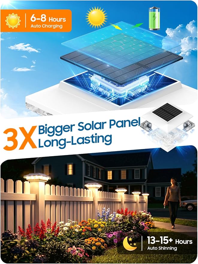 KOOPER 4x4 Solar Post Cap Lights Outdoor, 6 Pack Brighter Fence Post Solar Lights with 3X Bigger Solar Panel, 2 Modes Deck Fence Post Lights Solar Powered Waterproof Fits 4x4 3.5x3.5 Vinyl Wooden Post