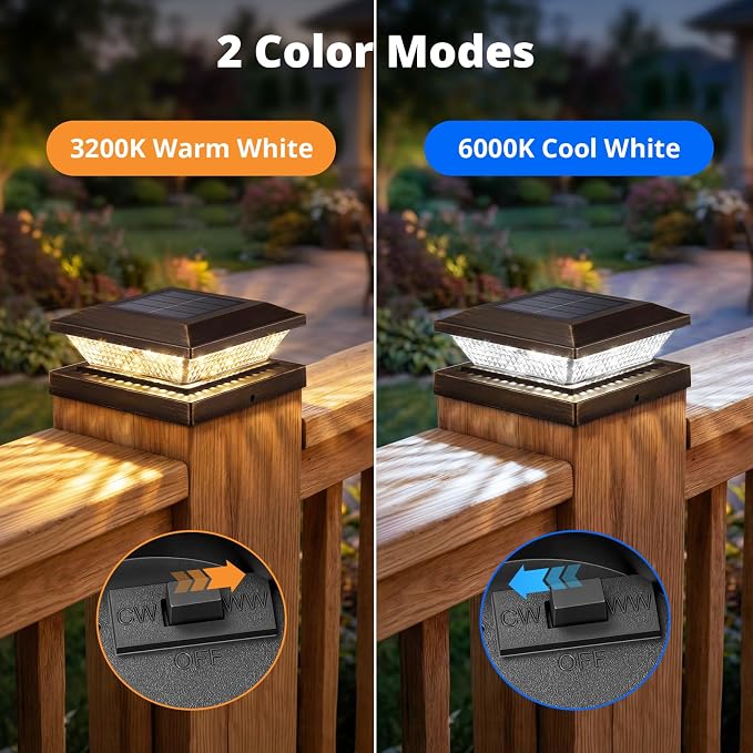 4x4 Solar Post Cap Lights Outdoor 4 Pack, Waterproof Solar Fence Light for Wooden/Vinyl Post, 2 Color Outside Deck Patio Porch Decor, Brown