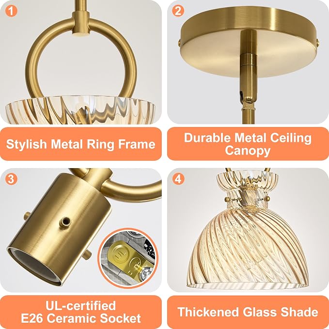 Gold Pendant Light Kitchen Island 9.84'' Striped Amber Glass Shade | Modern Pendant Lighting Over Sink, Adjustable Hanging Ceiling Light, E26 Dimmable Hardwired for Dining Room Hallway, 1-Pack