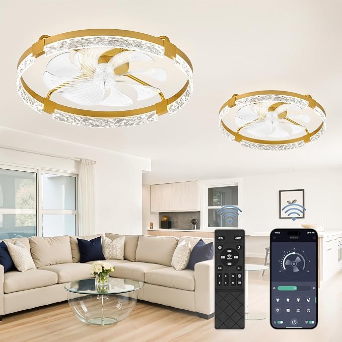 LEDIARY 2 Pack 24" Ceiling Fans with Lights and Remote, Fandelier Gold | 3CCT, 6 Speeds, Dimmable Low Profile, Flush Mount Ceiling Fan, Timer, Reversible, Memory, Bedroom, Living Room, Kitchen
