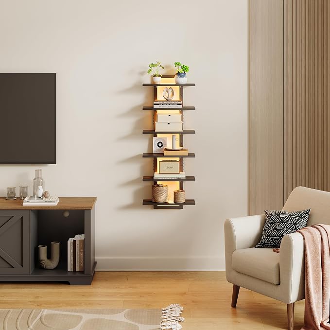 6 Tier Wall Shelf Unit Floating Shelves with LED Light, Vertical Wall Shelf, Wall Mounted Display Shelf for Living Room, Bedroom, Vanity, 15" W x 5.9" D x 43.3" H, Black