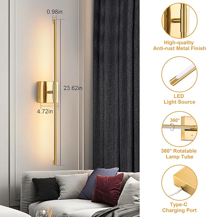 Gold Battery Operated Wall Sconce Single, Rechargeable Wall Sconce with Remote, Dimmable Sconce Wall Light, 24 Inch LED Wireless Wall Light for Background Wall, Bedroom,Living Room