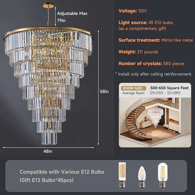 48-Inch Gold Tiered Crystal Tube Chandelier - 45-Light E12 Pendant with 580 Crystal Rods, Mirror-Polished Metal Frame, Adjustable 79" Chain, Gold