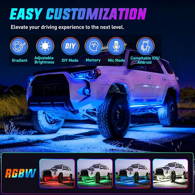 Nilight 4PCS Aluminum RGBW LED Underglow Strip Lights with APP & Remote | 396 LEDs Door Assist Multi Color DIY Sound Active Function Music Mode Underbody Light Strips for Car Truck RV
