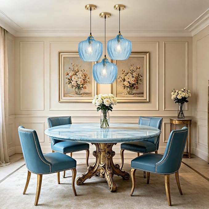 Blue Glass Pendant Lights Kitchen Island Gold Hanging Ceiling Light 9.45" | 1 Pack, Adjustable height, Dimmable, E26 bulbs, Rust-resistant Damp Rated For Bathrooms, 5-Year Warranty, UL Certification