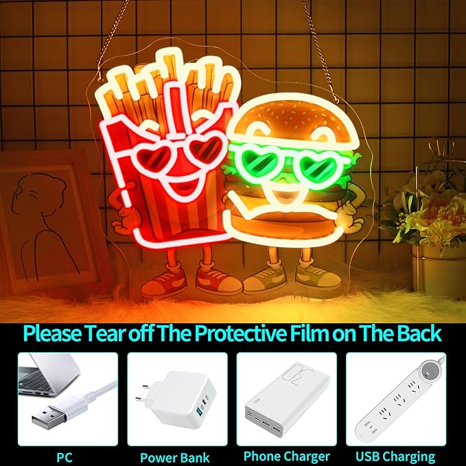 Burgers Neon sign - JGHTURIE Hamburger and French Fries Neon Signs for Wall Decor LED Light up UV Printed Preparatory Home Restaurant Club Decoration USB Powered