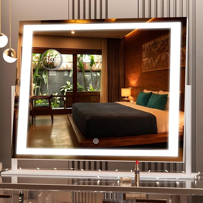 Hasipu Vanity Mirror with Lights, 24.2" x 19.7" LED Makeup Mirror, Light up Mirror with 10X Magnification, Smart Touch 3 Colors Dimmable, Brightness Adjustment, 360° Rotation (Right Angle White)