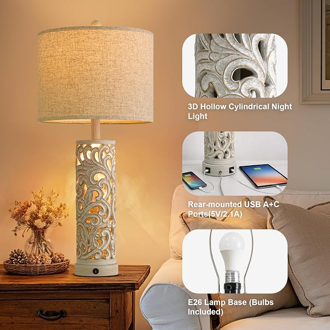 2-in-1 Light Table Lamp Set of 2 for Living Room, 28.5" Farmhouse Bedside Lamps with USB Charging Port, Main&Night Light & Dual Switches, Nightstand Lamp for Bedroom Home Office(Bulb Included)