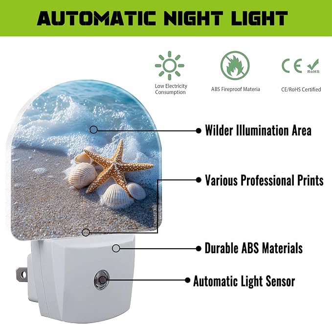 Starfish and Seashells on Beach Night Light for Kids,Summer Beach Ocean Waves Plug in Night Light with Dusk to Dawn Sensor, 0.5w Energy Saving Nightlight for Hallway Stairway Kitchen Bedroom