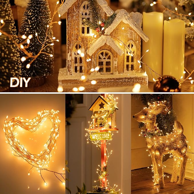 Minetom Fairy Lights Plug in, String Lights for Christmas Decorations | 10FT 200LEDs, 2 Pack, Warm White, Waterproof Starry Firecracker Lights for Bedroom Ceiling Wreath Window Wedding Decorations