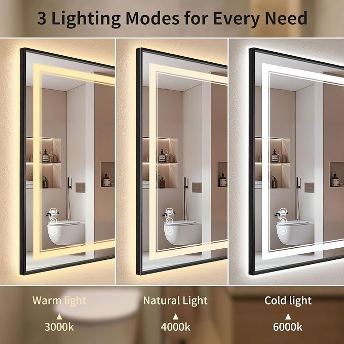 22"x30" LED Bathroom Mirror with Lights, Front & Backlit, Anti-Fog | Lighted Mirror with Aluminum Frame, Dimmable, 3 Color Temperature, CRI 90+, Touch Control with Memory