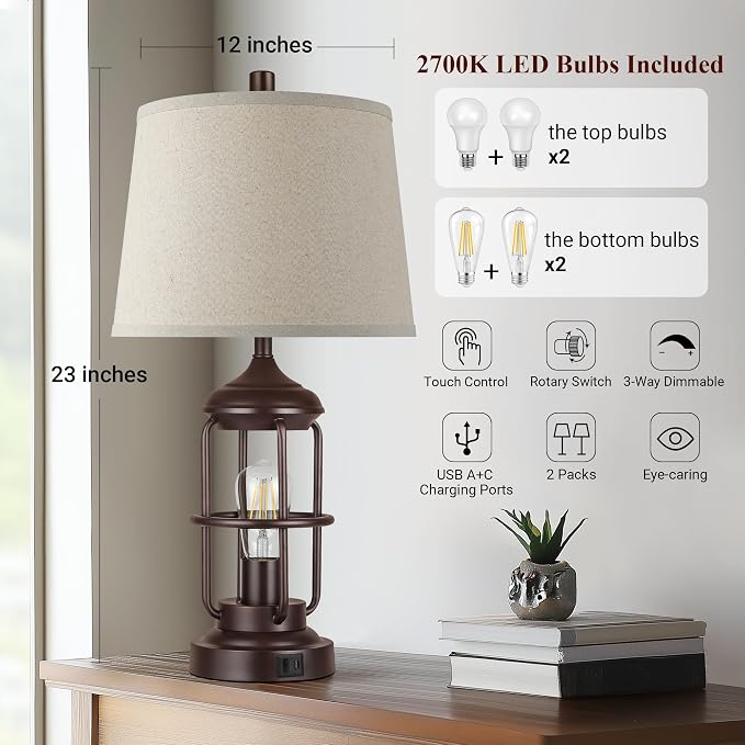 QiMH 23" Table Lamps Set of 2, Farmhouse Industrial Bedside Lamp | 3-Way Dimmable Touch Control, Rustic Nightstand Lamp for Bedroom, USB A+C Ports, Night Light, 2700K Bulb Included