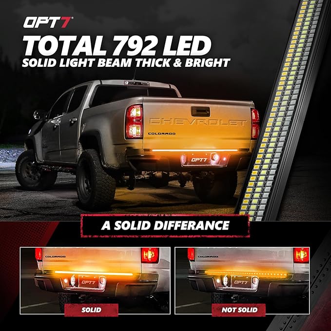 OPT7 Redline 48" Aluminum Truck Tailgate Light Bar w/Sequential Amber Turn - Weatherproof Rigid 1-Piece Triple Row LED Strip - Dynamic Taillight w/White Reverse - Fits Tacoma Colorado Frontier Canyon