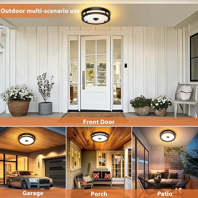 Outdoor Motion Sensor Ceiling Light with Remote, Tunable White Exterior Flush Mount Ceiling Lights, 12" Outdoor Porch Light Fixture for Garage, Entryway, Patio