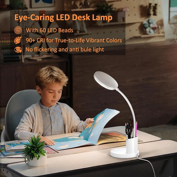 LED Desk Lamp for College Dorm with Pen Phone Holder, White | 3 Color Modes Dimmable Desk Light, College Dorm Essentials, 360° Adjustable Arm, Eye-caring Bedside Reading Lamp, 800 Lumen