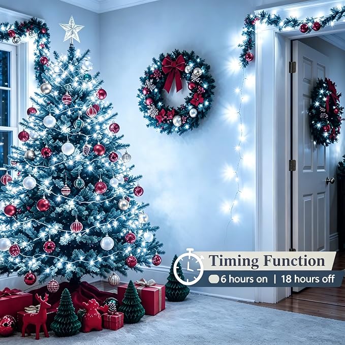 White Christmas Lights - 100 LED 33ft String Lights for Bedroom Indoor, 8 Modes Fairy Twinkle Lights Plug in, Waterproof Outdoor Hanging Lights for Room, Xmas Tree, Garden & Party Decor