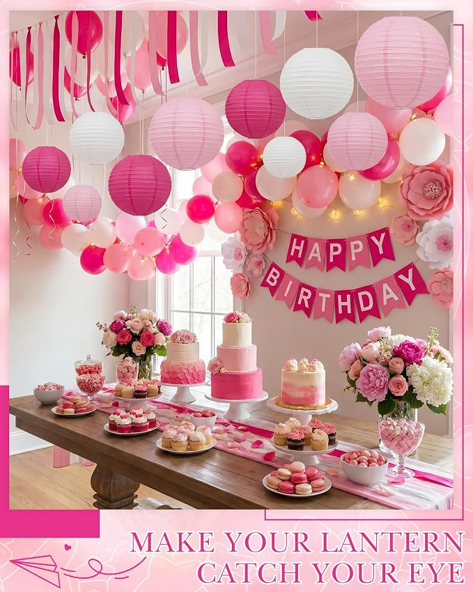 Treela 48 Pcs Paper Lanterns Party Decorations Round,Pink,White | Chinese Hanging Lamps, Wedding, Party Supplies, Birthday Bridal, 4/6/8/10 Inch, Easy Setup, Asian Decor, Festive Atmosphere