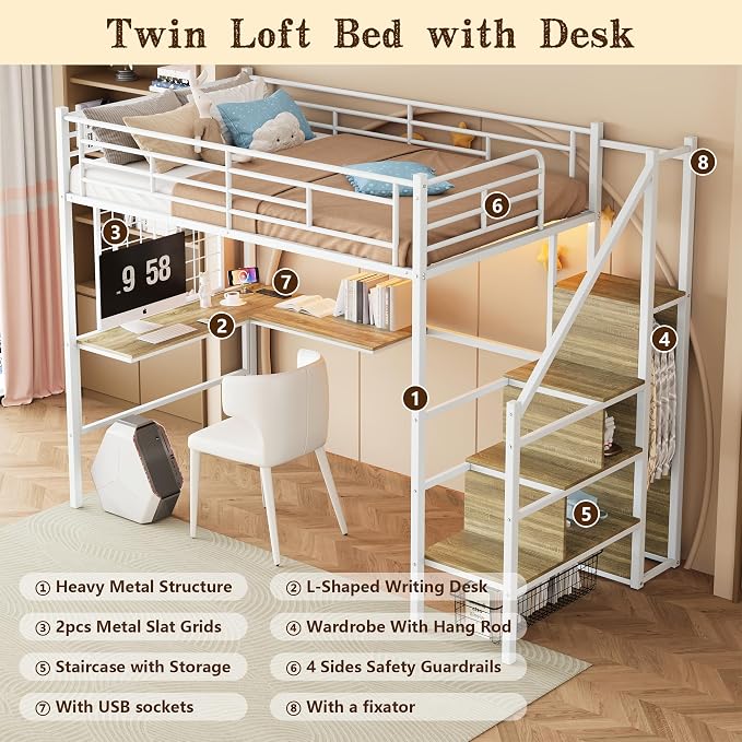 Twin Size Metal Loft Bed with Reversible Stairs & L-Shaped Desk,White | Storage Stairs,Wardrobe,L-Shaped Desk,USB Charging Station,Space-Saving for boys & Girls, Noise-Free, No Box Spring Needed