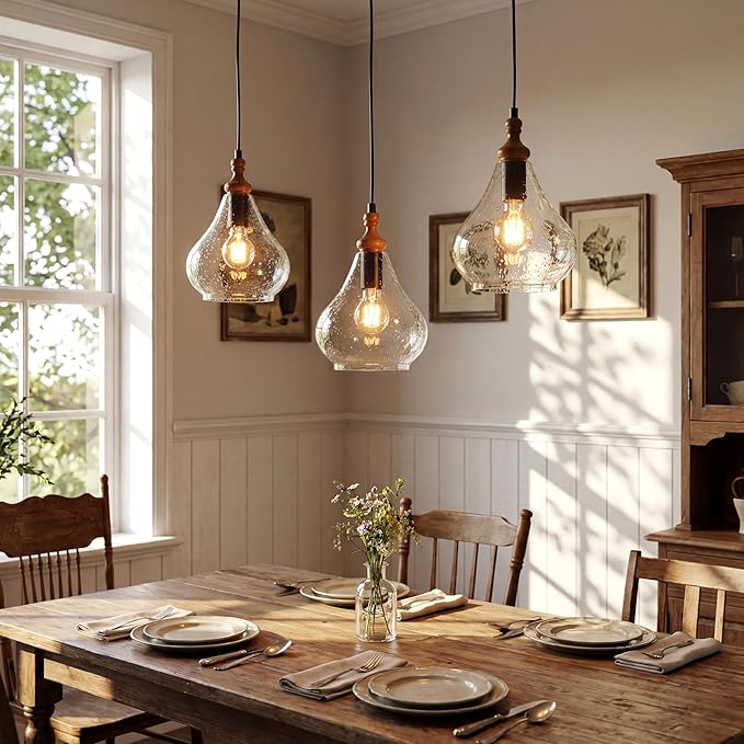 Farmhouse Teardrop Pendant Light for Kitchen Island, Brown Pine Wood and Seeded Glass Shade Hanging Light Fixture, Adjustable Cord, Rustic Dining Room, Coffee Shop and Bar Pendant Lighting (3 Packs)