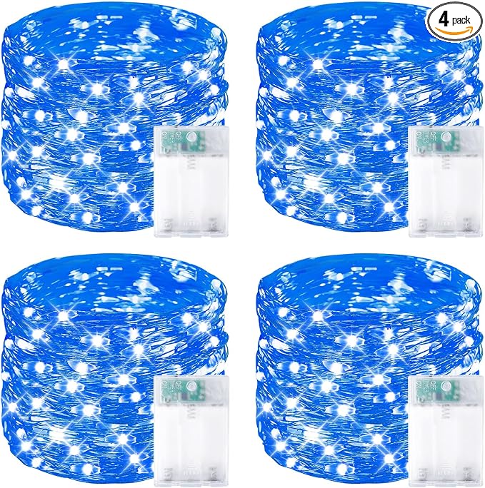 4 Pack 60 LED Fairy Lights Battery Operated with Timer, String Lights Blue | 20 FT, Cuttable Copper Wire, Waterproof Battery Lights for Indoor Outdoor, Wedding, Birthday, Bedroom, Christmas Decorations
