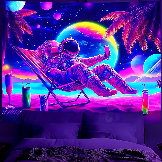 BVBOX Blacklight Space Astronaut Tapestry UV Reactive Galaxy Planet Glow in Dark Tapestries Black Light Poster Neon Wall Hanging Art for bedroom Living Room (Astronaut recliner-1M)