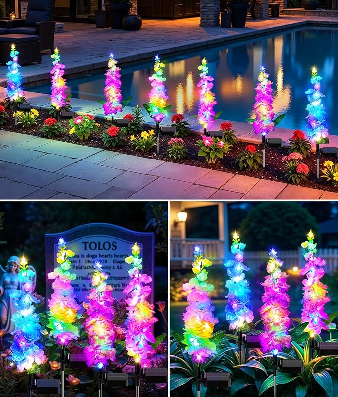 KOOPER Solar Lights Outdoor Garden Decor, 8 Pack Upgraded Delphinium Solar Garden Lights with 72 Colorful LEDs, Vivid Flowers Outdoor Waterproof for Landscape Patio Yard Decor