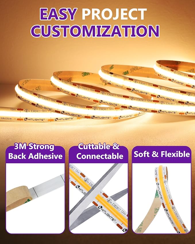 HitLights COB LED Strip Lights Warm White 2700K, 16.4ft 12V Tape, UL Listed | 2640 LEDs, 426 lm/ft, CRI 90+, IP30, High Density, Cuttable, Rope Lighting for Kitchen Cabinets, Power Source Not Included
