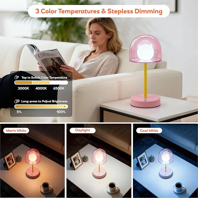 Pink Rechargeable Lamp, Coffee Table Small Lamps, Funky Desk Lamp | Cordless Touch Lamp Dimmable, Kids Bedside Lamp Touch IP44, Pink Table Top Battery Operated Light, Mini Touch Night Lamp LED