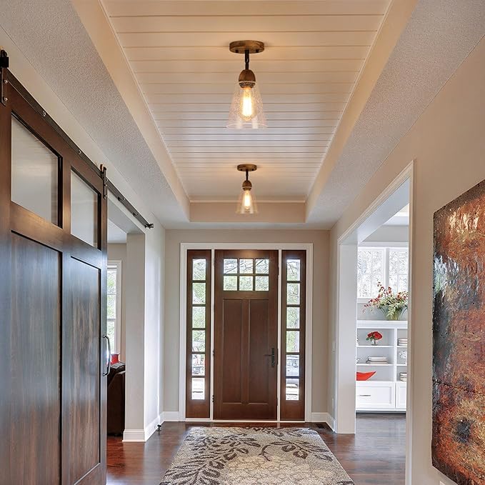 2 Pack Rustic Farmhouse Glass Flush Mount Ceiling Light Fixture Mini Clear Seeded Glass Shade and Oak Wood Semi Flush Mount Ceiling Light for Kitchen Hallway Entryway Sink Farmhouse