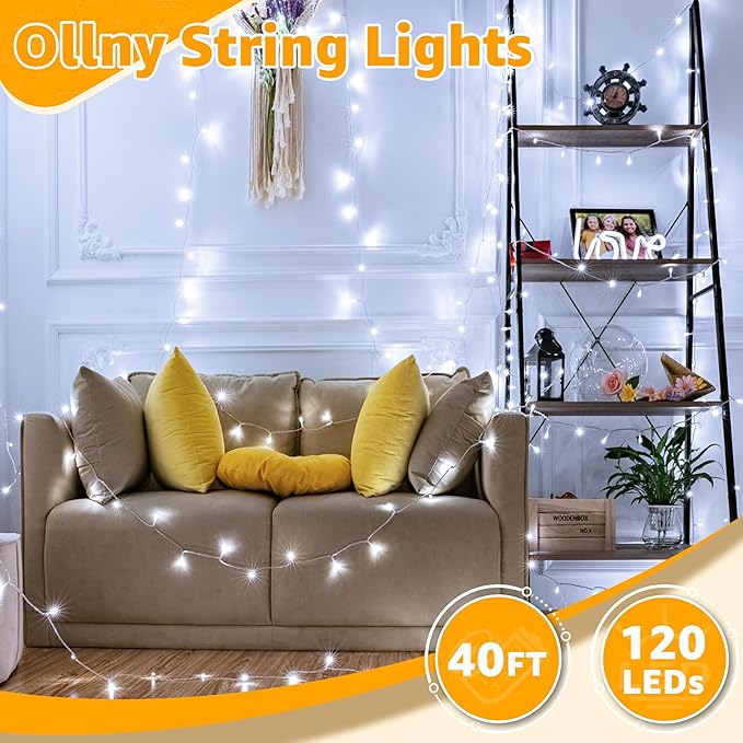Ollny 120LED 40FT String Lights, Cool White Plug in Fairy Lights with Timer 8 Modes, Waterproof Connectable Indoor Light for Bedroom Wedding Classroom Outdoor Holiday Party Decorations