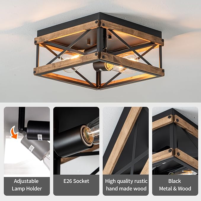 Mayful Black Farmhouse Flush Mount Ceiling Light Fixturet, 2-Light Rustic Hallway Light Fixtures with Wood & Metal Frame, Industrial Close to Ceiling Light Fixtures for Kitchen Entryway Foyer