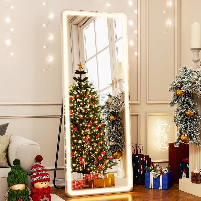 Easly 26x68 inch Full Length Mirror with Lights, LED Lighted Floor Standing, Hanging Mirror Full Length with Stand Free, Full Body Dressing Mirrors with Dimmable 3 Color LED