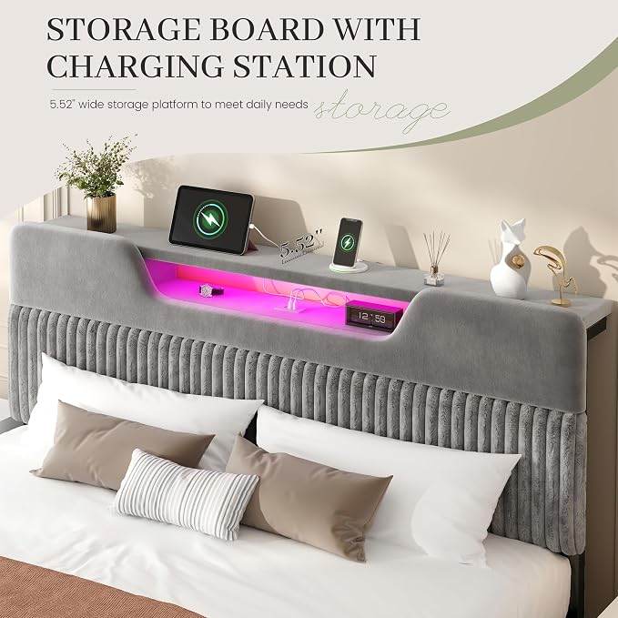 Homkdom King Bed Frame with Charging Station & Storage Headboard,Grey | 1USB-C & 2USB-A Charging, RGB LED Lights,7.78" Under-bed Storage,Velvet Upholstered Headboard,No Box Spring,Easy Assembly.